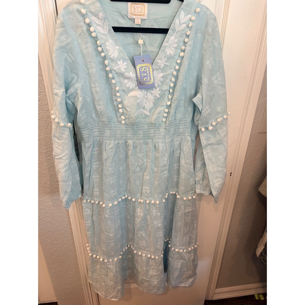 Sail to Sable Midi Dress Sky Blue Embroidered Pom Pom Tiered XL NWT